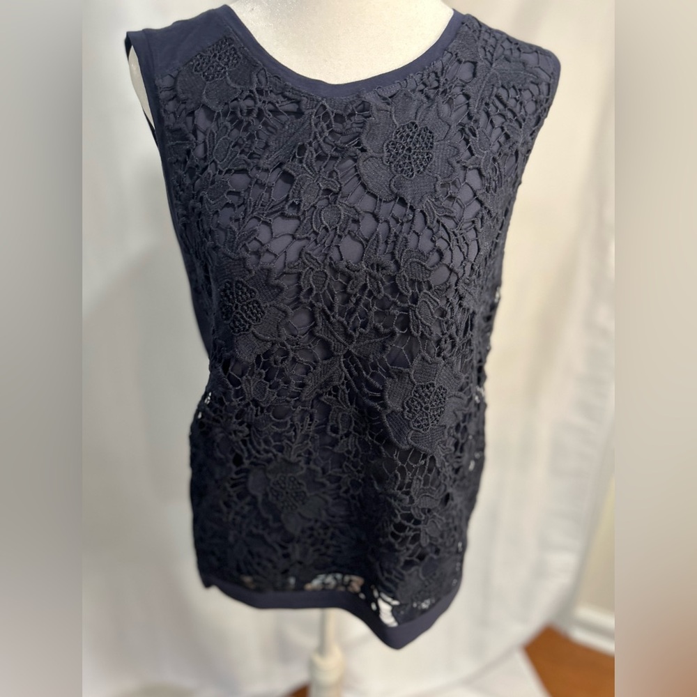 Brand new LOFT shirt with lace overlay and cotton back navy blue size medium